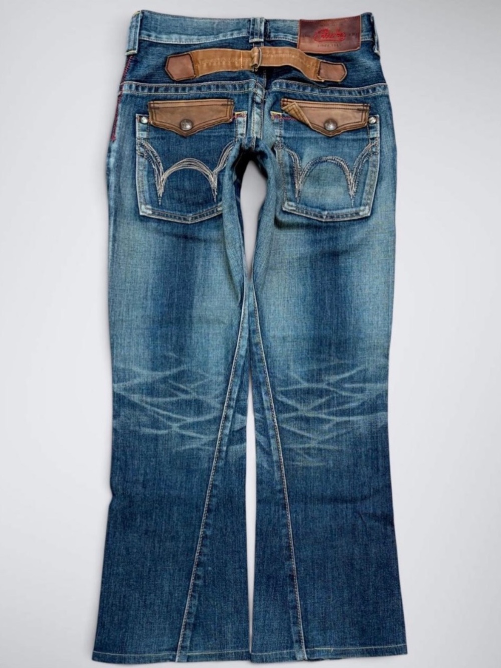 VTG Archival Edwin Blue Trip Leather Cinch Back Mid Rise Straight Jeans